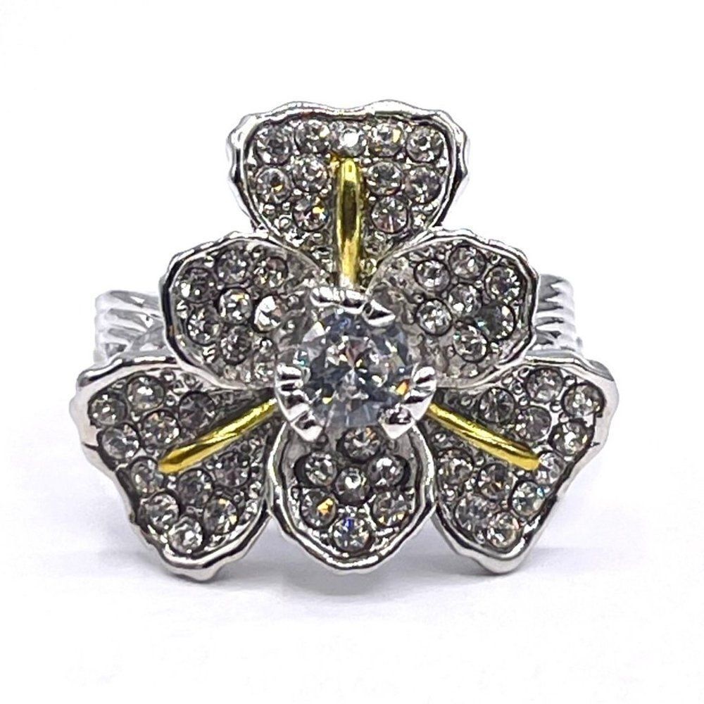 925 Sterling Silver with White Cubic Zirconia Flower Statement Ring Size 6